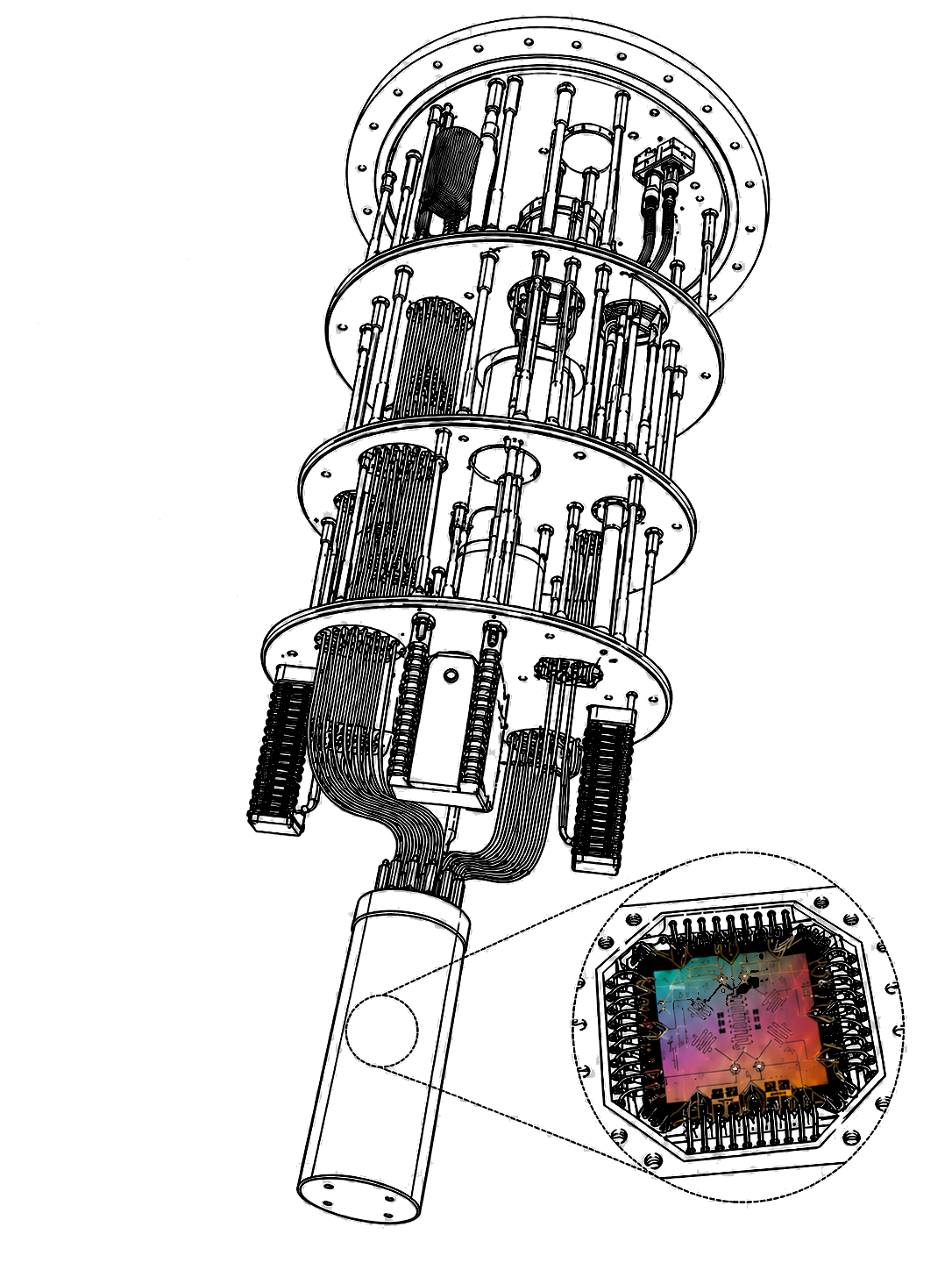 Circuit-QED fridge and chip concept illustration